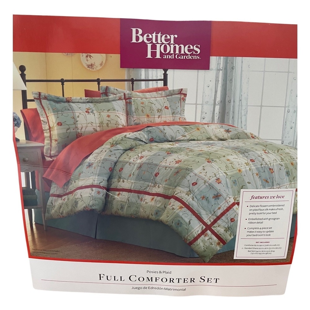 Better Homes and Gardens Posies & Plaid Full Comforter Set Sage Green Floral 4pc
